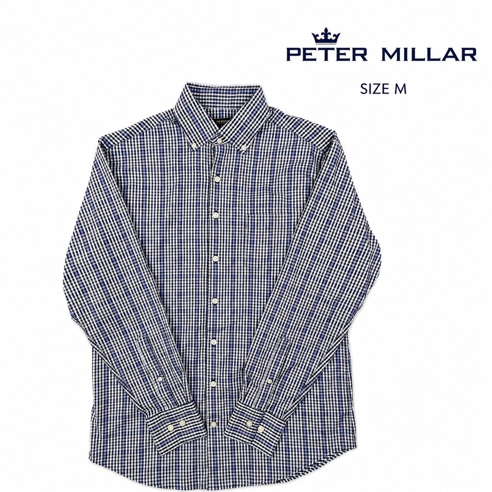 Peter Millar Summer Comfort Button Down Shirt Men's M Blue Gingham Stretch Nylon